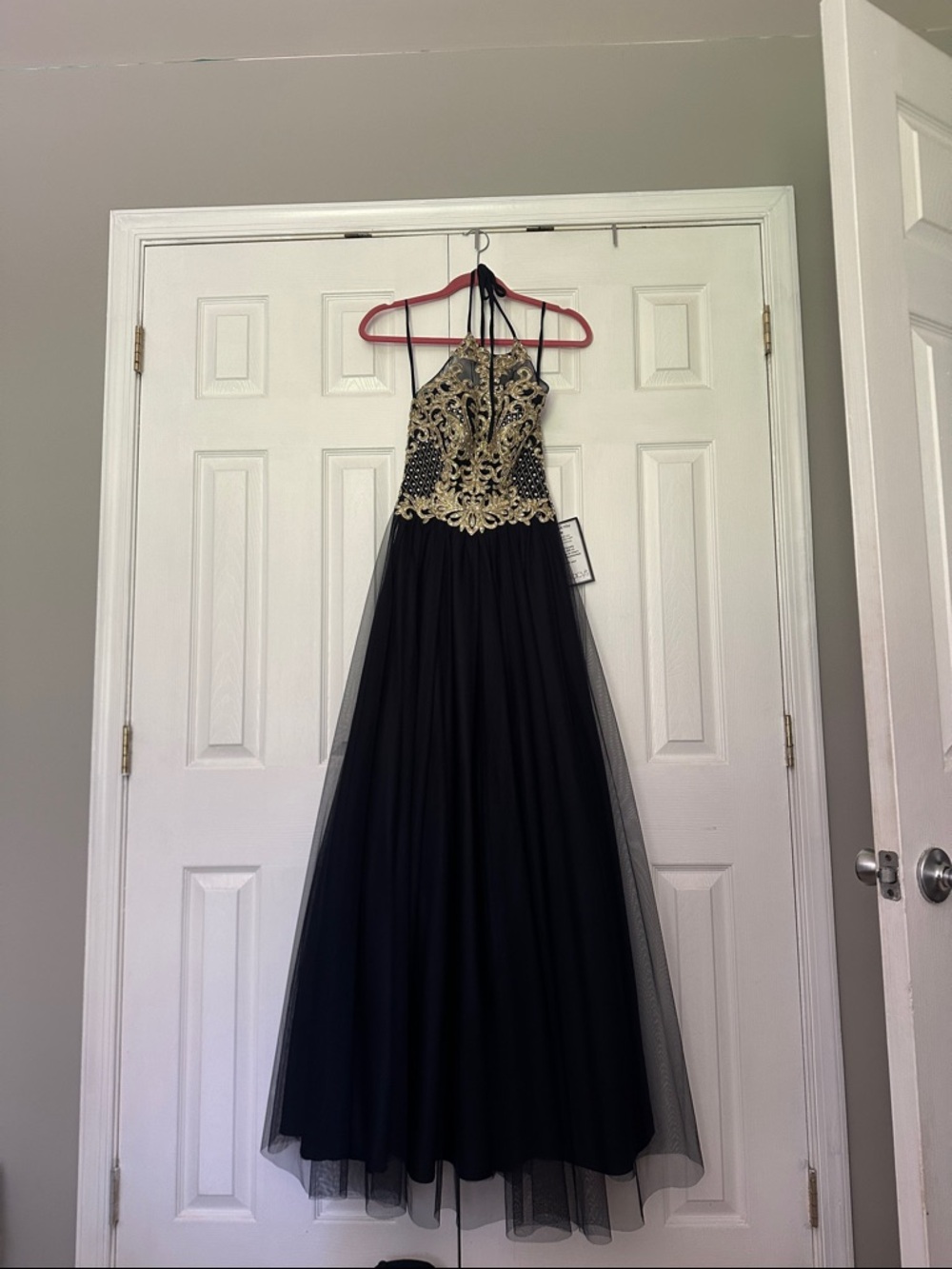 Black Evening Gown with Gold Embroidered Bodice